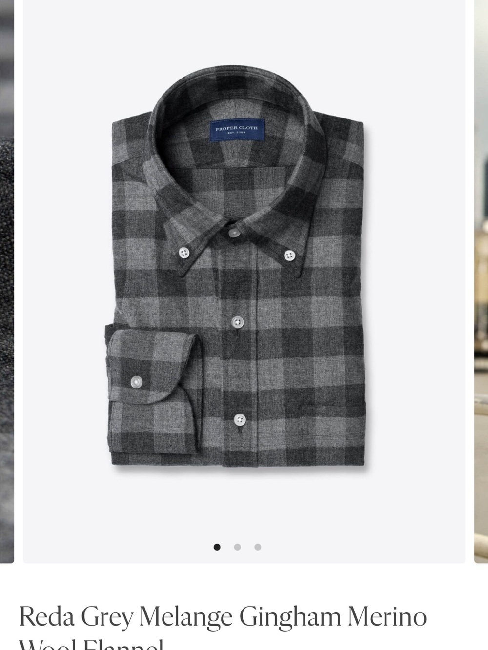 Proper Cloth Grey Gingham Button-Down Flannel Shirt Reda Merino Wool Flannel M